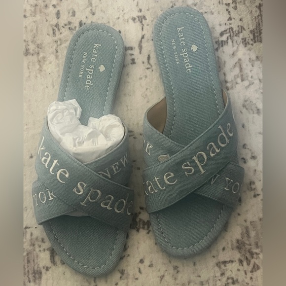 Kate Spade Light Blue Cottagecore Denim Piper Cross Strap Slide